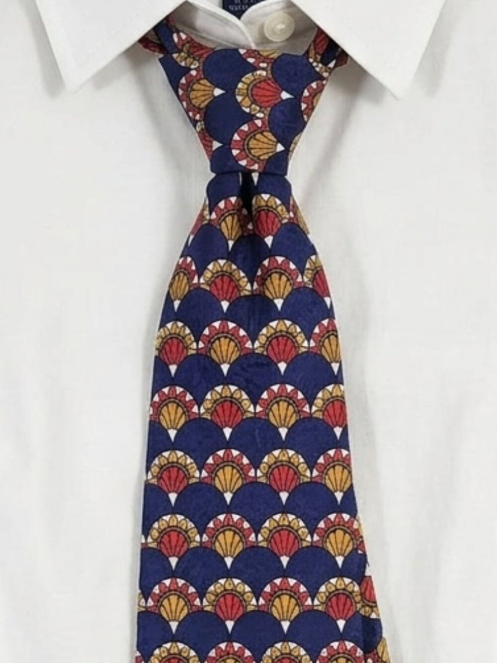 Lands' End Men's Navy Art Deco Silk Tie Long Business Formal Accessory 3.5" x 63